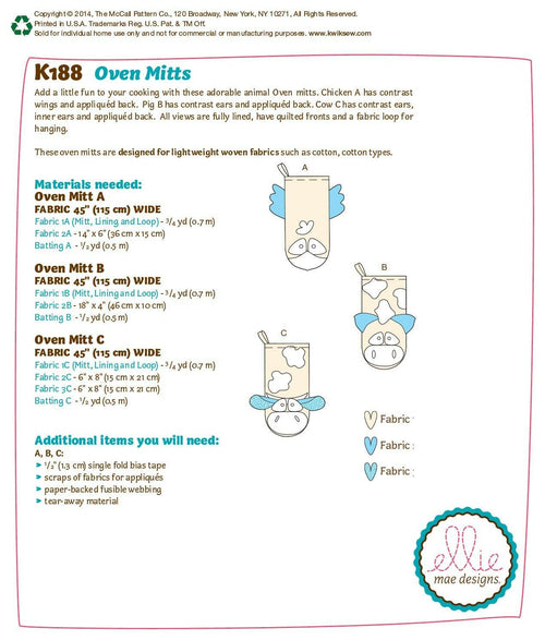 KWIK-SEW PATTERNS K0188 Oven Mitts, One Size Only