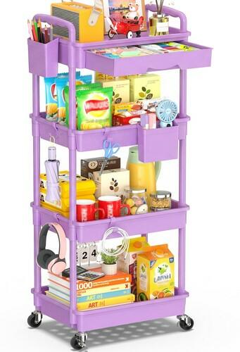 SUNALLY 4 Tier Rolling Cart Organizer w/ Drawer Storage Cart Purple Wheels