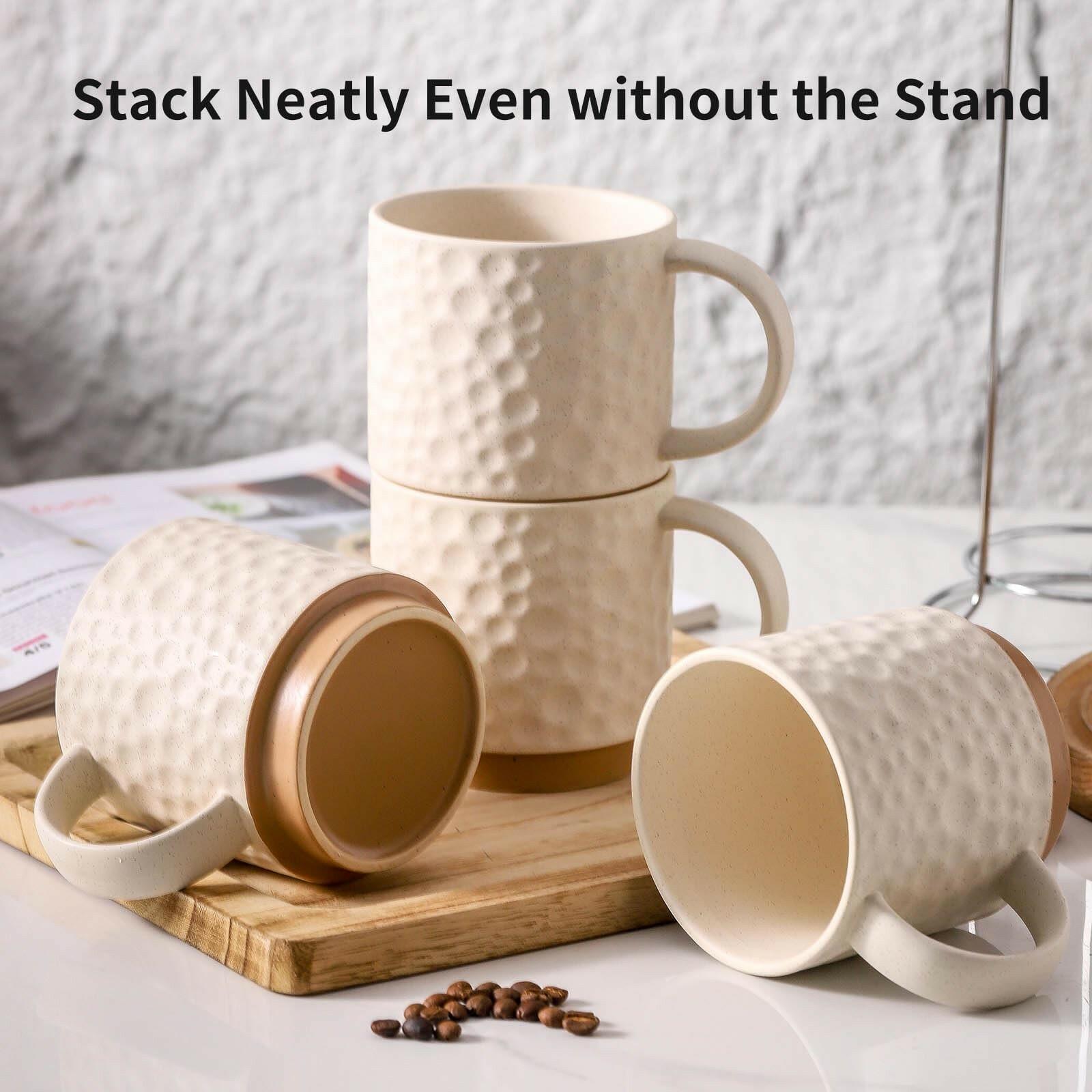 Set of 4 Nihow Ceramic Coffee Mug, 16OZ Stackable Coffee Mug Set with Stainless