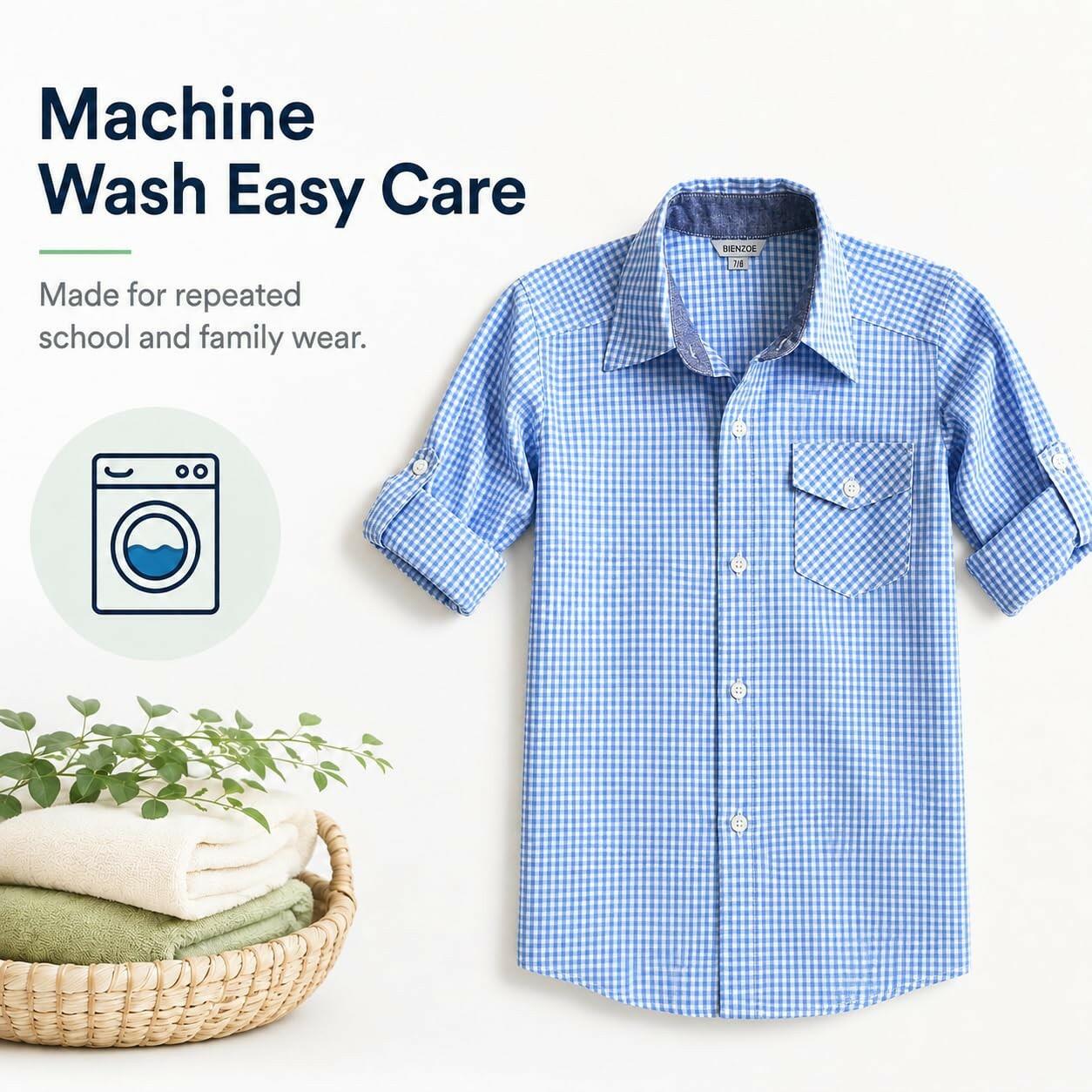 Bienzoe Size 7-8 Boys Plaid Gingham Shirt 100% Cotton Button Down Light Blue