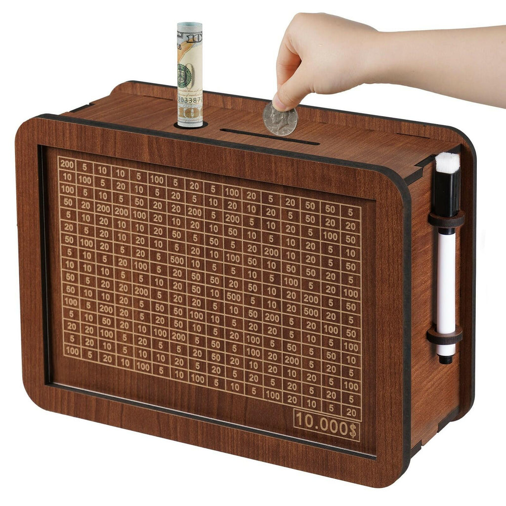 Wooden Money Saving Box for Kids & Adults - Reusable $10,000 Savings Challenge