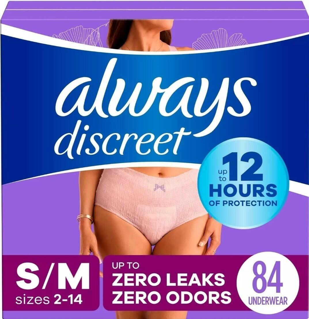 84 Count Always Discreet Incontinence Underwear for Women Small/Medium Maximum