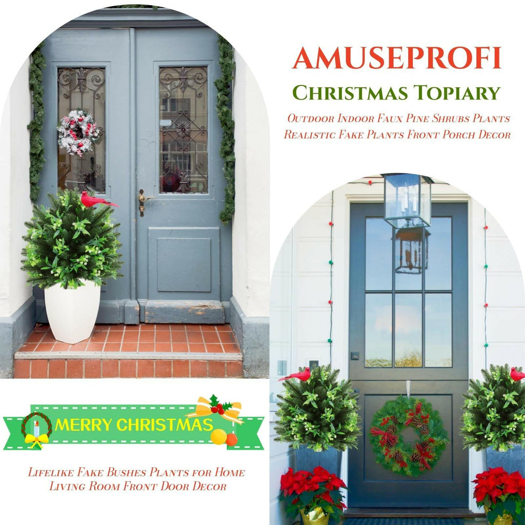 Set of 2 Artificial Christmas Urn Filler Topiary Tree with Cardinal Birds, Pine,