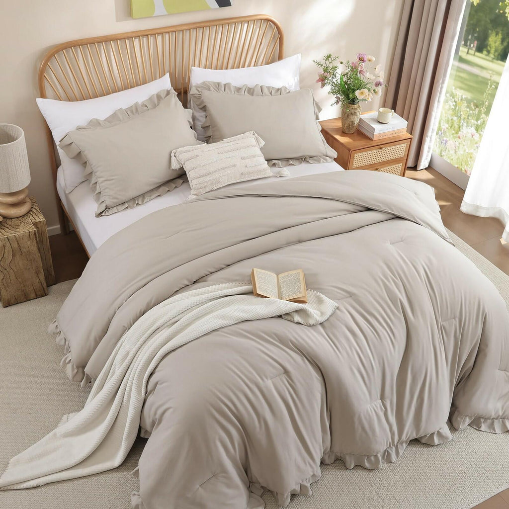 JANZAA Queen Comforter Set Oatmeal Comforter for Queen Size Bed 3PCS (1 Ruffle