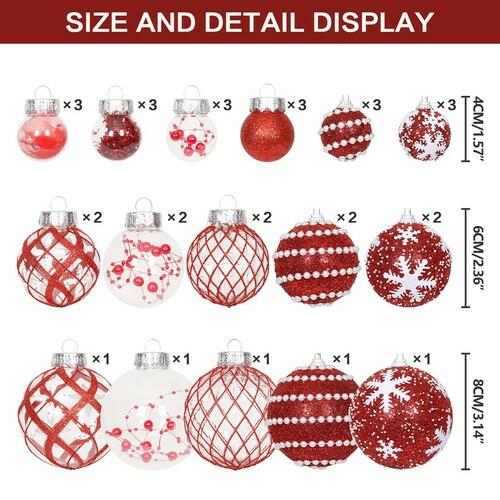 Super Holiday Christmas Ball Ornaments, 33PCS Red Clear Shatterproof Plastic