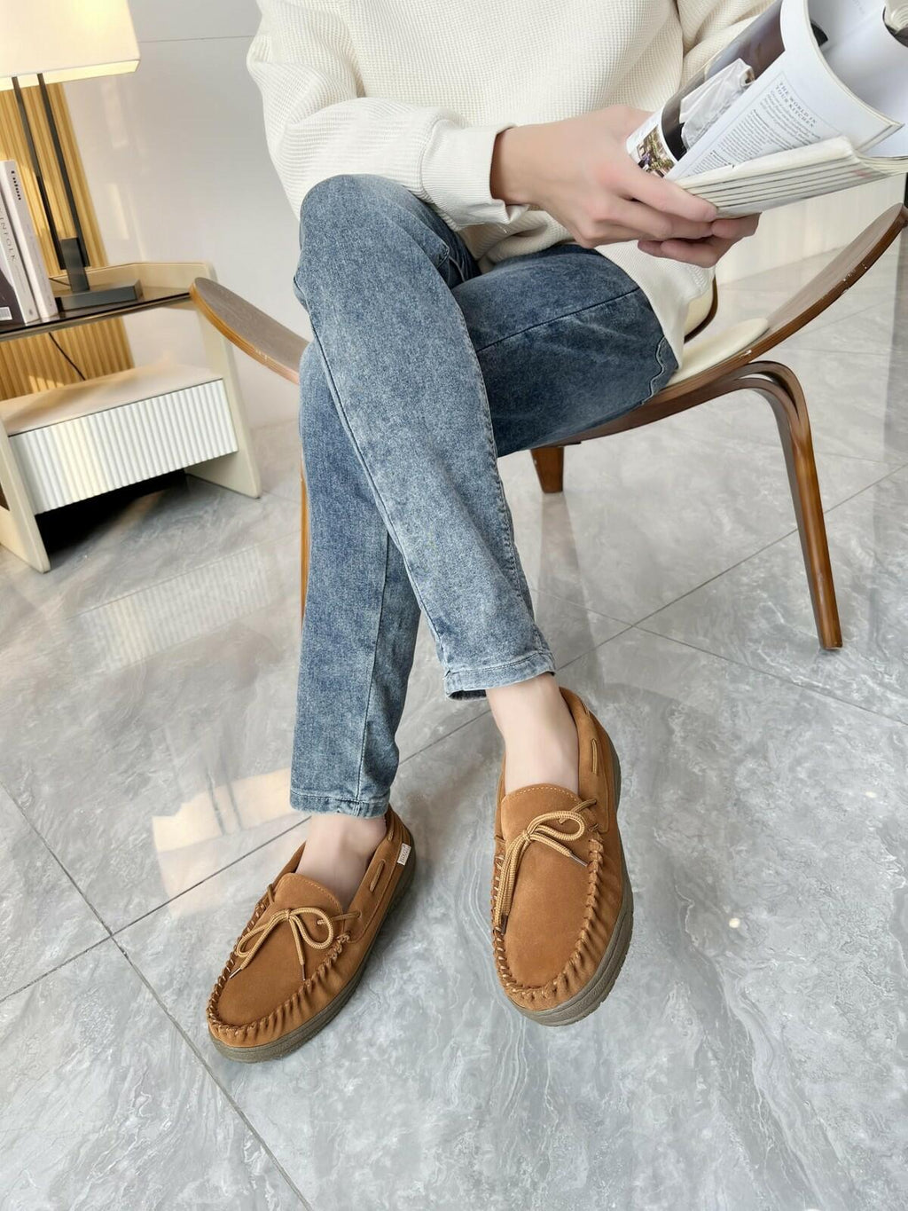 PEDOQU Size 7 Men’s moccasin slippers with tie genuine leather upper memory foam