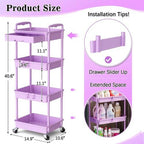 SUNALLY 4 Tier Rolling Cart Organizer w/ Drawer Storage Cart Purple Wheels