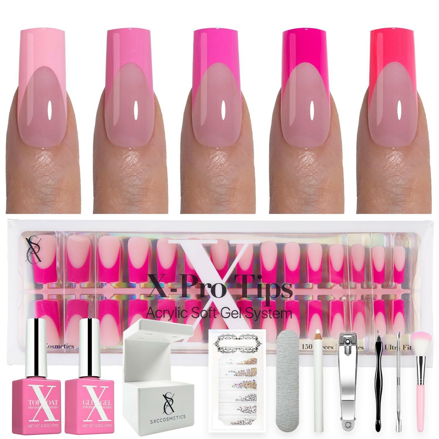 SXC Cosmetics French Tip Press On Nails – 5 Pink Series, Medium Square, X-Pro