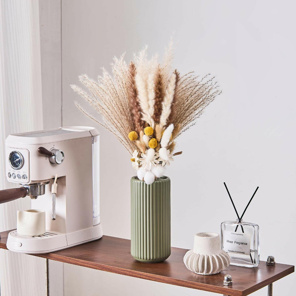 Green Ceramic Flower Vase for Pampas Grass, 8 inch Small Decorative Centerpiece