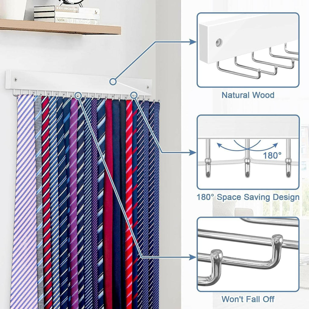 Tie Rack Wall Mounted, Belt Rack Tie Organizer for Men with 20 Storage Hooks,