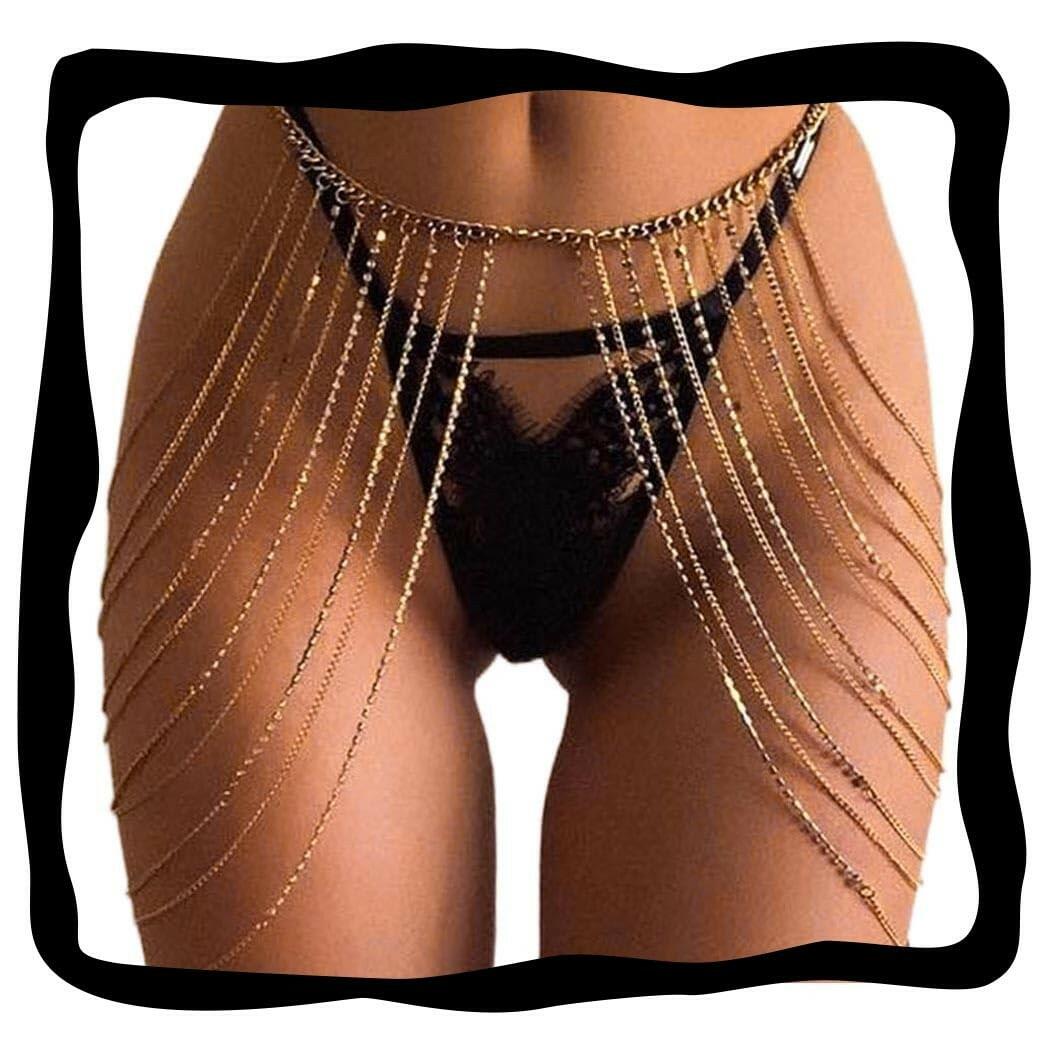 Brishow Gold Body Chain Jewelry Rhinestone Layered Waist Chain Rave Accessories