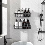 2 PACK Getsrichfc Adhesive Shower Caddy, Shower Shelves with 16 Hooks, Rustproof