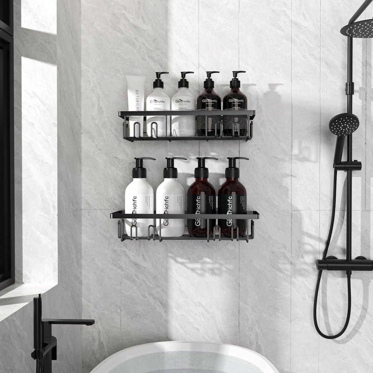 2 PACK Getsrichfc Adhesive Shower Caddy, Shower Shelves with 16 Hooks, Rustproof