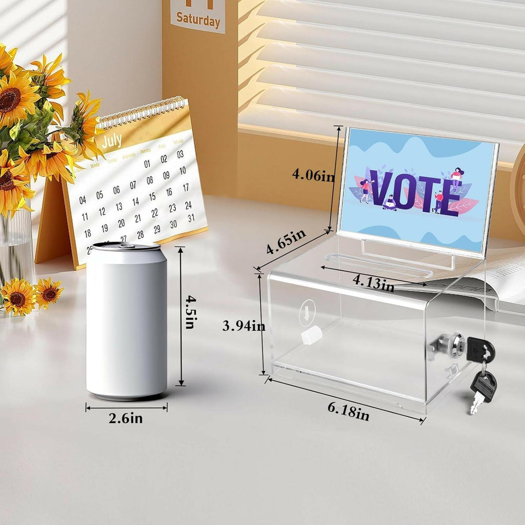 VOISEN Clear Donation Box with Lock,  6.2x4.6x3.9 Inch Ballot Box with Sign