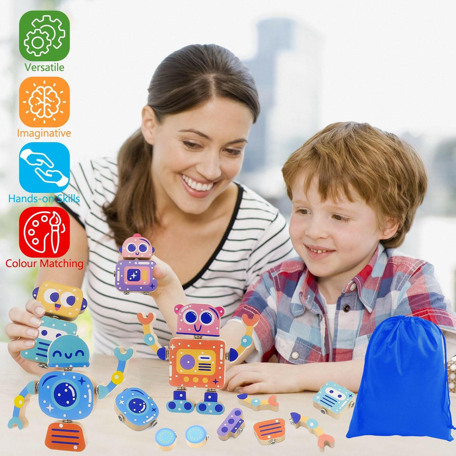 Robots Wooden Snap-Together Building Toys – 28-Piece STEM Montessori Educational