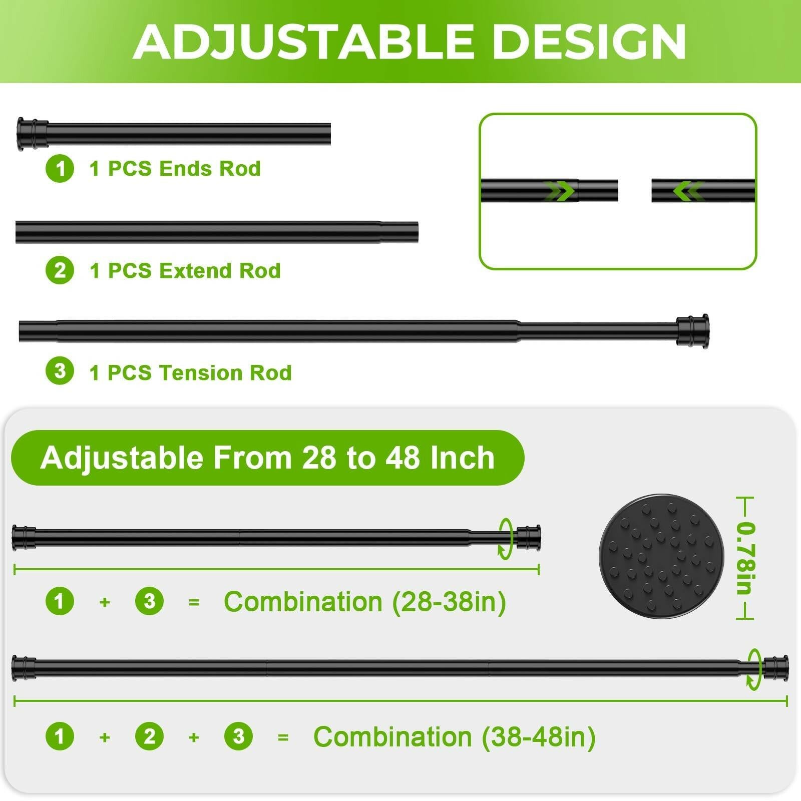 2 Pack Spring Tension Rods 28-48 Inches No Drill Tension Curtain Rods Black