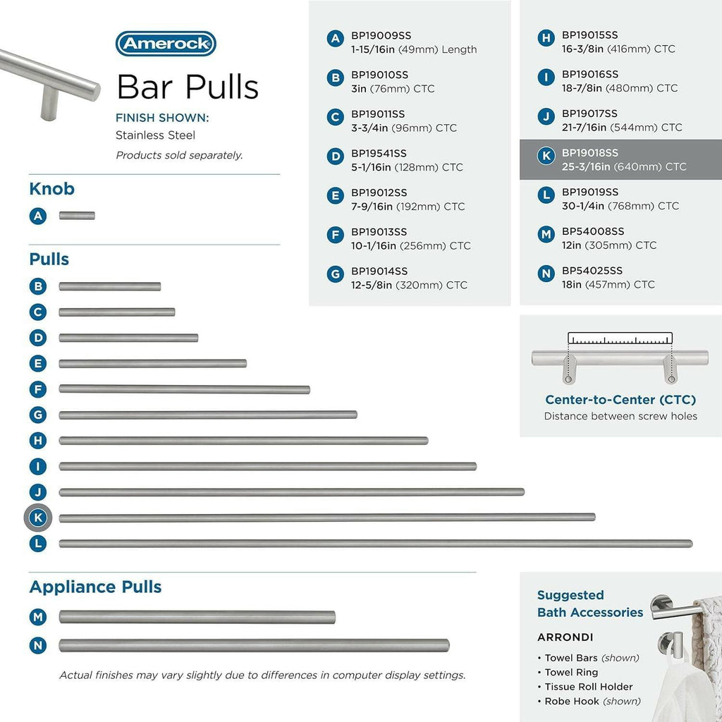 1 Pack Amerock | Cabinet Pull | Stainless Steel | 25-3/16 inch (640 mm) Center