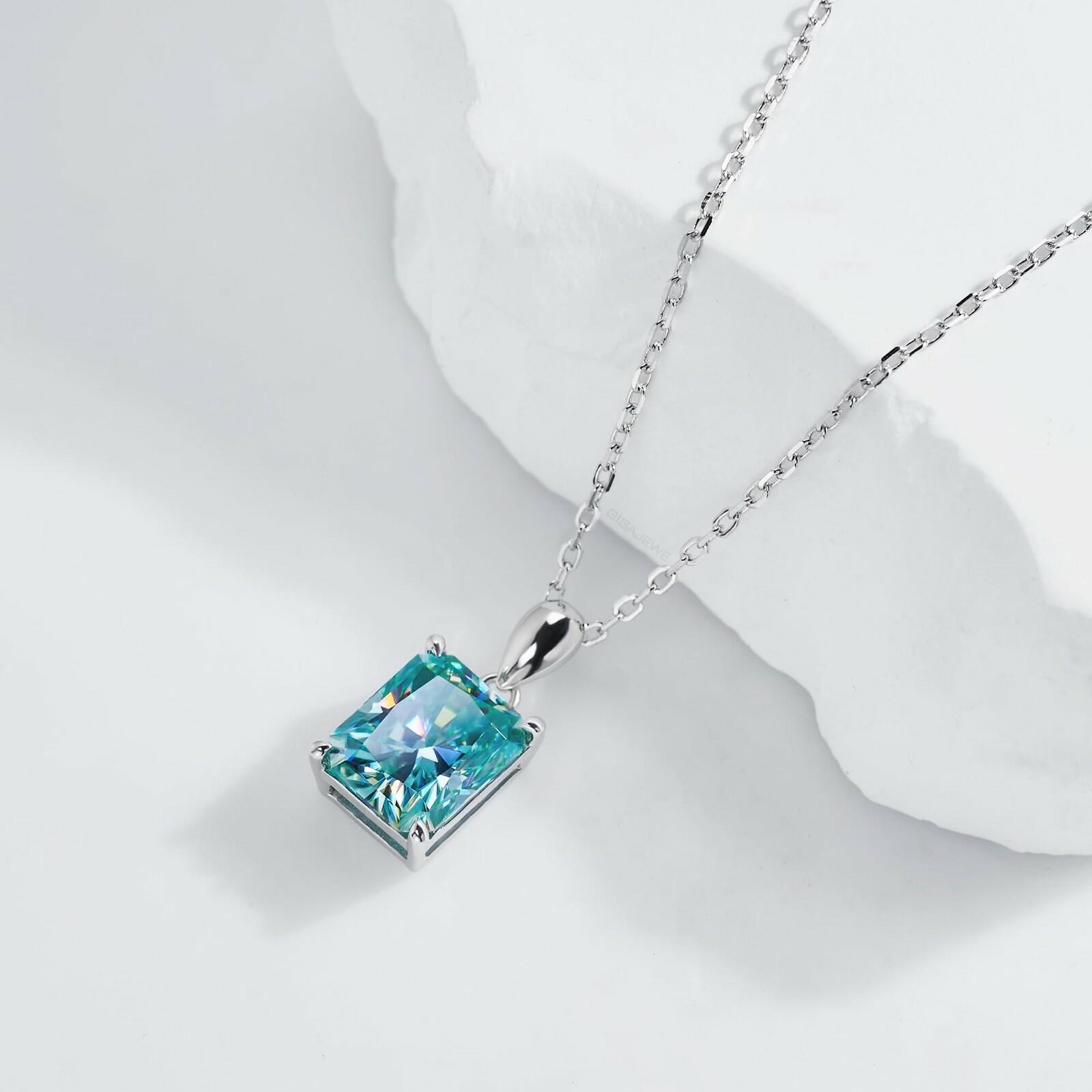 GIGAJEWE Blue Green Color Moissanite Necklace 18K White Gold Plated 925 Silver