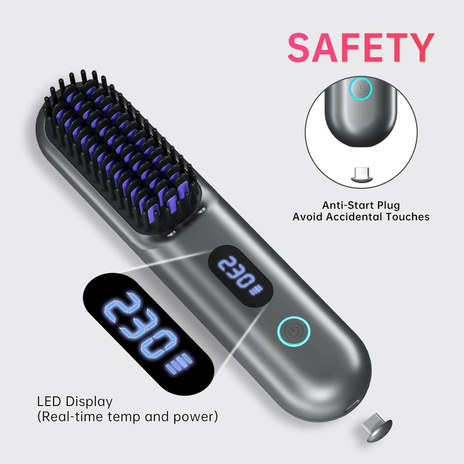 Cordless Hair Straightener Brush - Portable Straightener Brush with 9 Temp