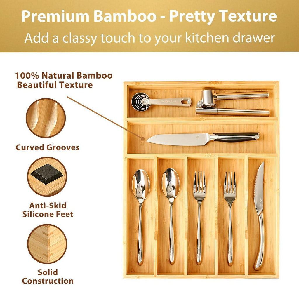 Umilife Bamboo Kitchen Drawer Organizer, 13 Inch Silverware Utensil Tray Holder,