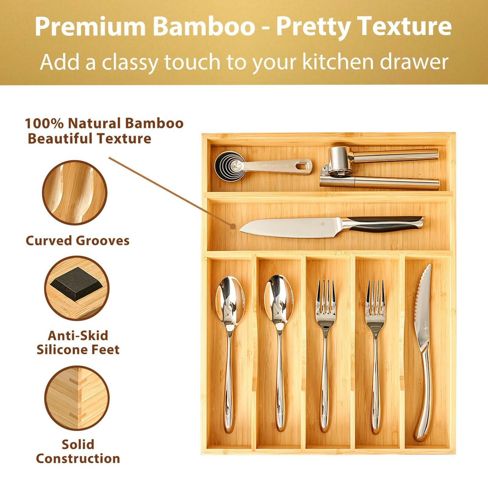 Umilife Bamboo Kitchen Drawer Organizer, 13 Inch Silverware Utensil Tray Holder,
