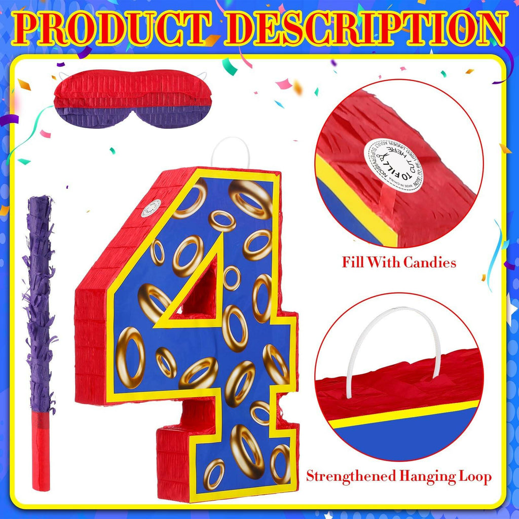 16 Inch Number 4 Blue and Golden Rings Pinata for Birthday Party Decorations,