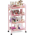 TOOLF 4 Tier Rolling Utility Cart Pink Metal Storage Trolley w/ Hooks