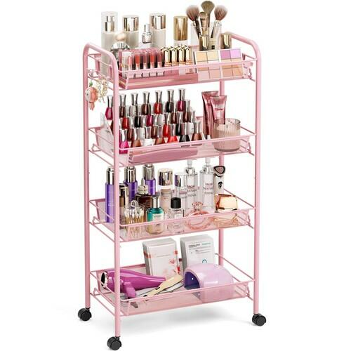 TOOLF 4 Tier Rolling Utility Cart Pink Metal Storage Trolley w/ Hooks
