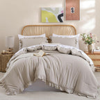 JANZAA Queen Comforter Set Oatmeal Comforter for Queen Size Bed 3PCS (1 Ruffle