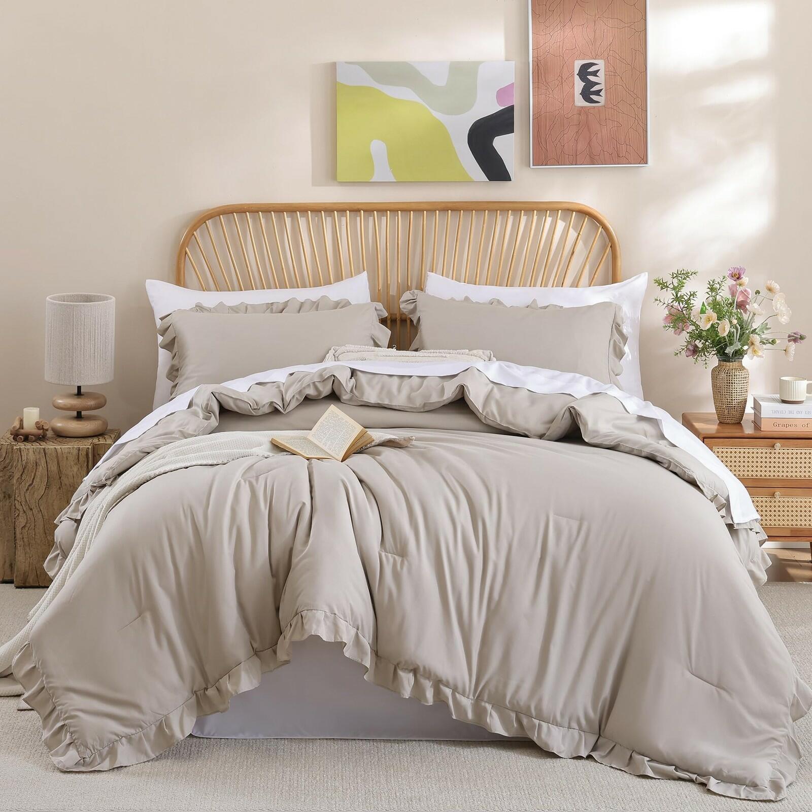JANZAA Queen Comforter Set Oatmeal Comforter for Queen Size Bed 3PCS (1 Ruffle