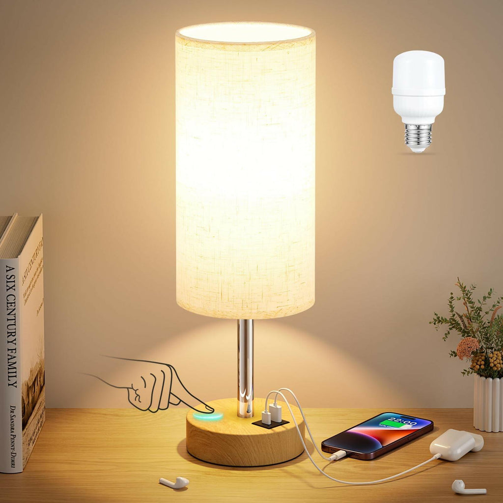 Dicoool Touch Bedside Table Lamp with USB - 3 Way Dimmable Wood Lamp for Bedroom