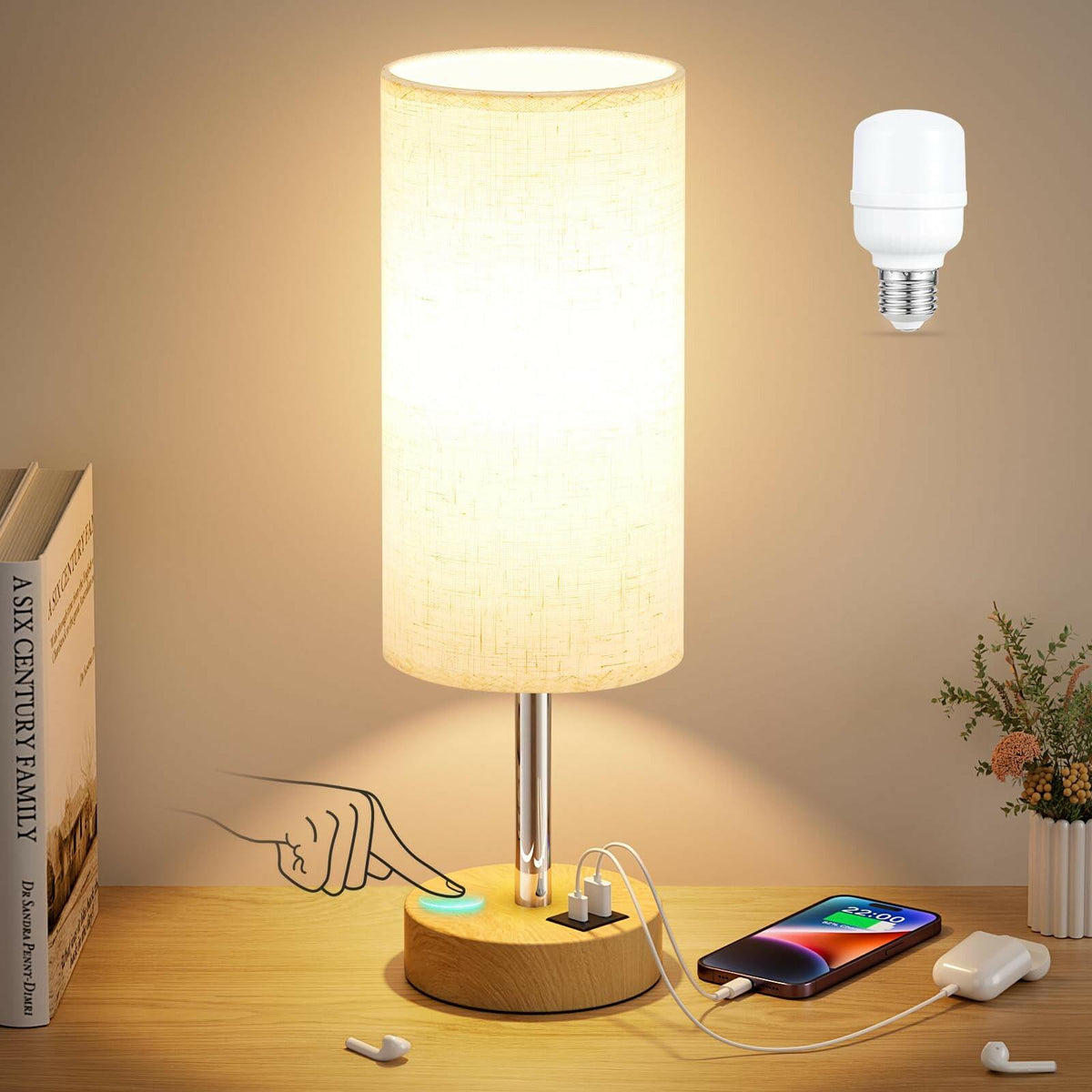 Dicoool Touch Bedside Table Lamp with USB - 3 Way Dimmable Wood Lamp for Bedroom