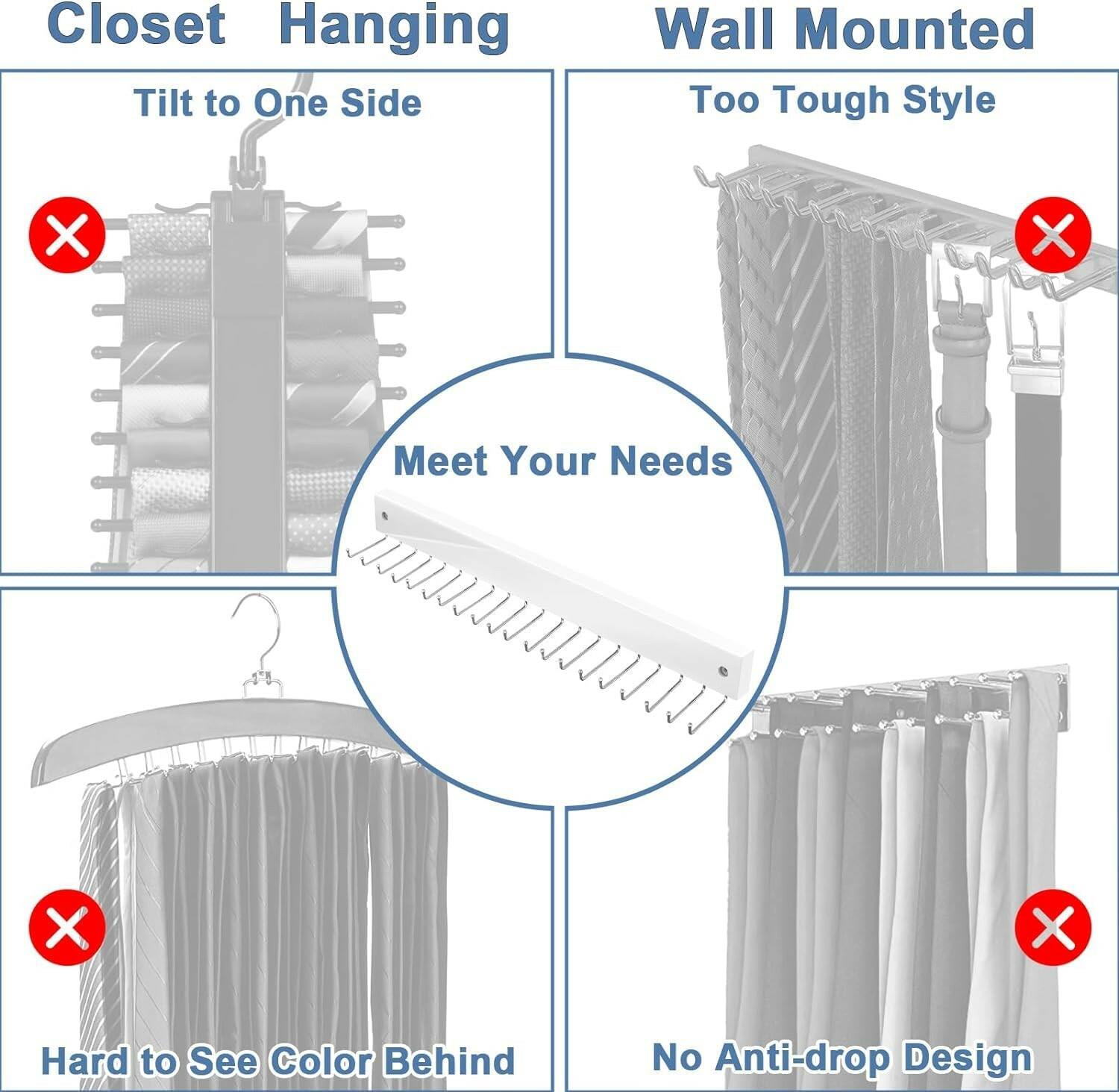 Tie Rack Wall Mounted, Belt Rack Tie Organizer for Men with 20 Storage Hooks,