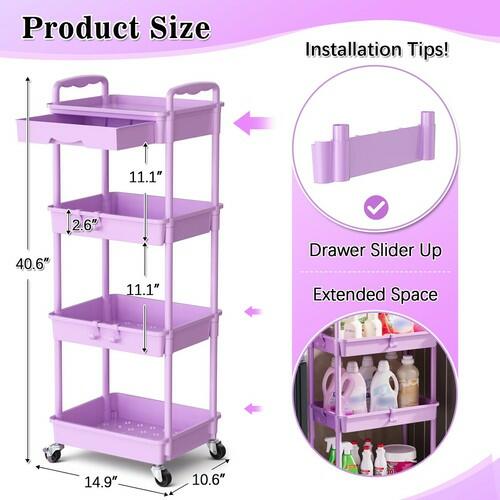 SUNALLY 4 Tier Rolling Cart Organizer w/ Drawer Storage Cart Purple Wheels