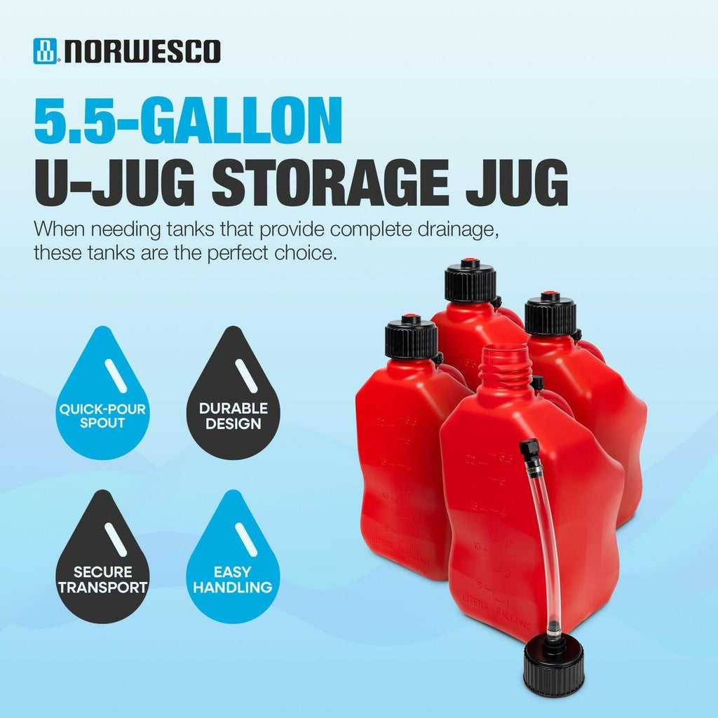 Bushman 4 Pack U-Jug Storage Jug, Portable Plastic Container, 5.5 Gal, Red