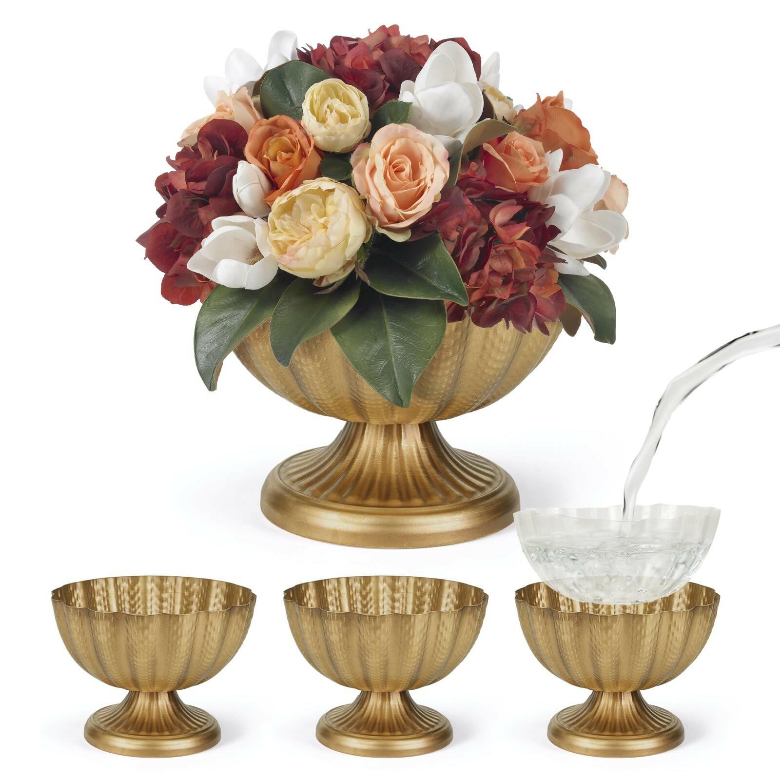 Set of 4, 9'' Wide 6.5'' High Distressed Gold Compote Pedestal Vases, Antique