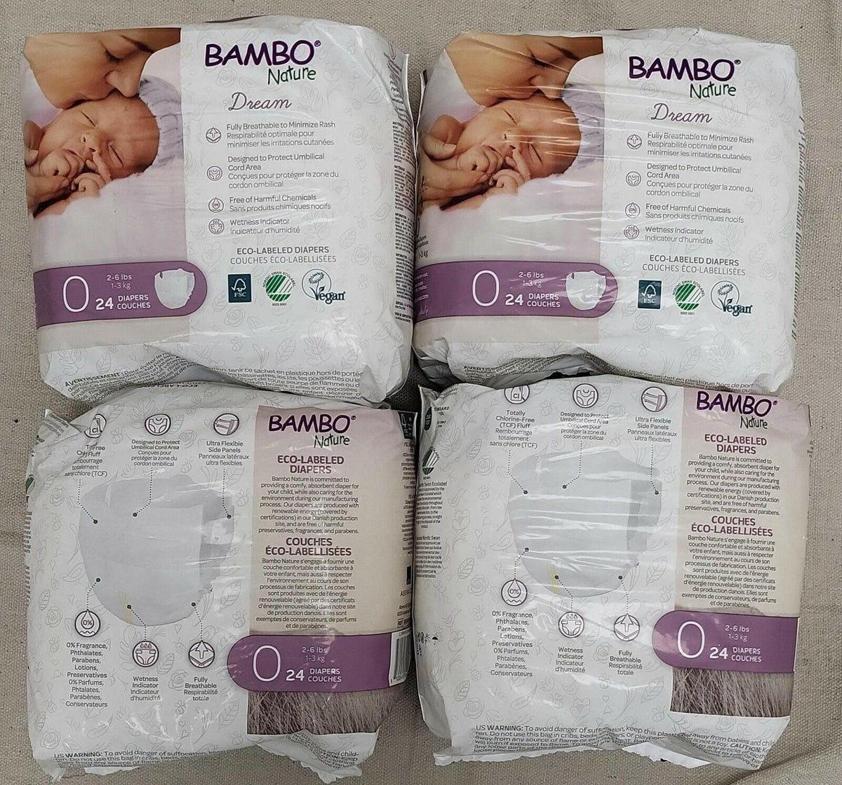 96 Count Bambo Nature Hypoallergenic Dream Baby Diapers,  Size 0, Premium