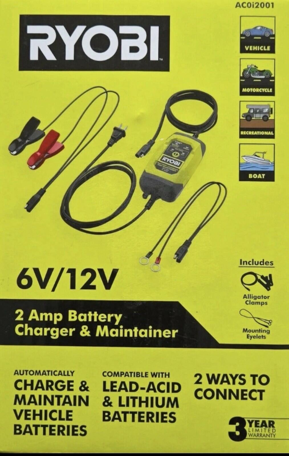 RYOBI 2 Amp 6V/12V Battery tender &  Maintainer & Charger AC0i2001 New