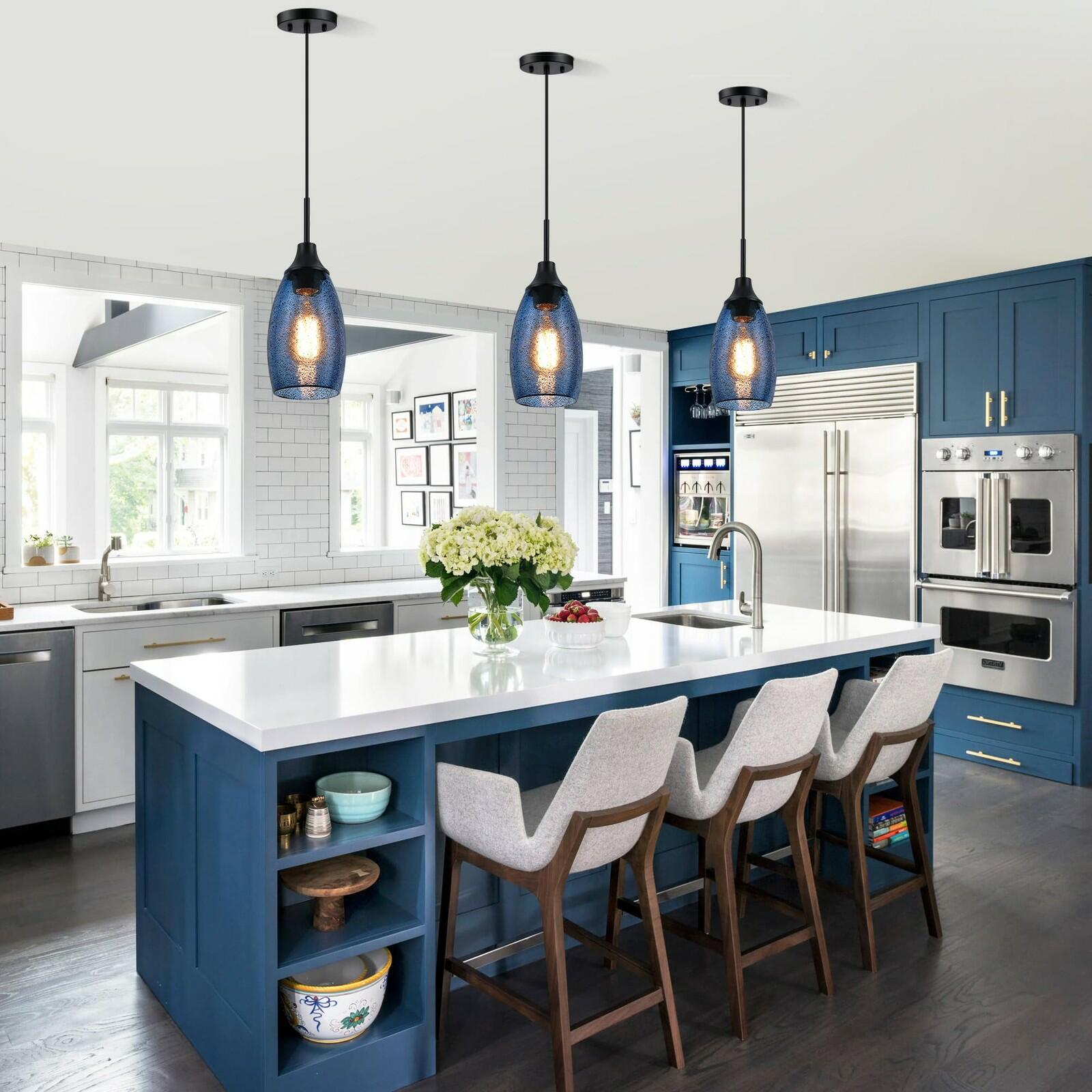 1 PACK Viinew Mini Glass Pendant Light Handblown Clear Dark Blue Seeded Glass