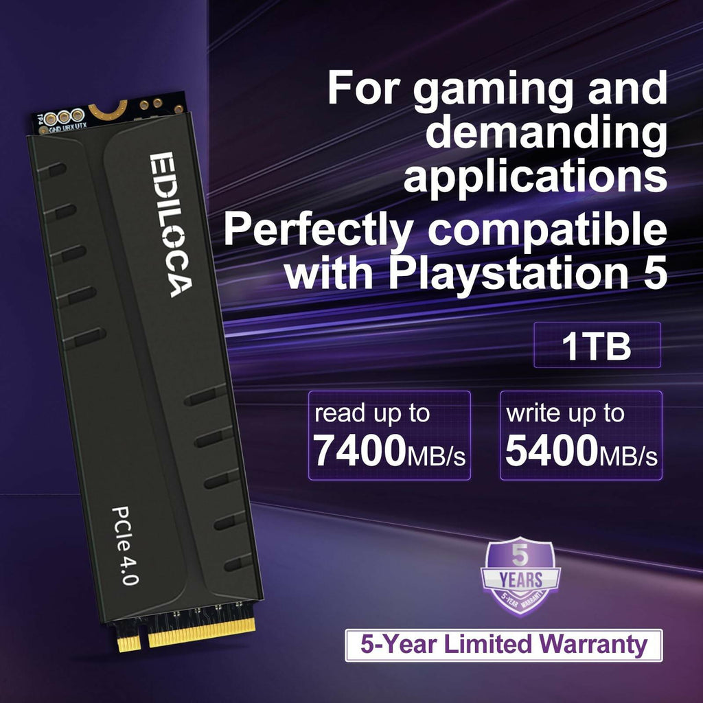 Ediloca 1TB PS5 SSD Heatsink PCIe Gen4 NVMe 7400MB/s DRAM EN855