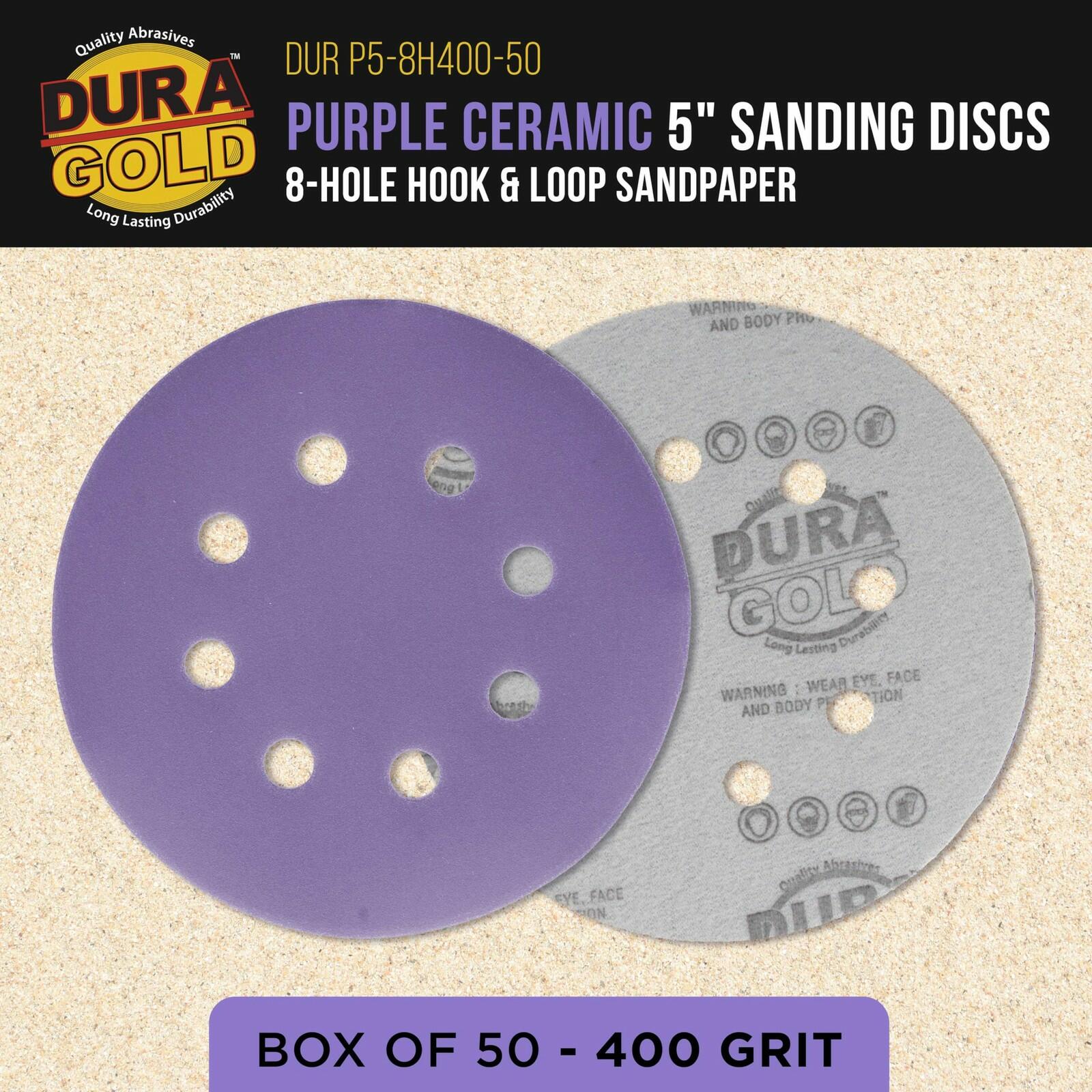 Dura-Gold Premium 400 Grit 5" Purple Film Ceramic Sanding Discs, 8-Hole Pattern,