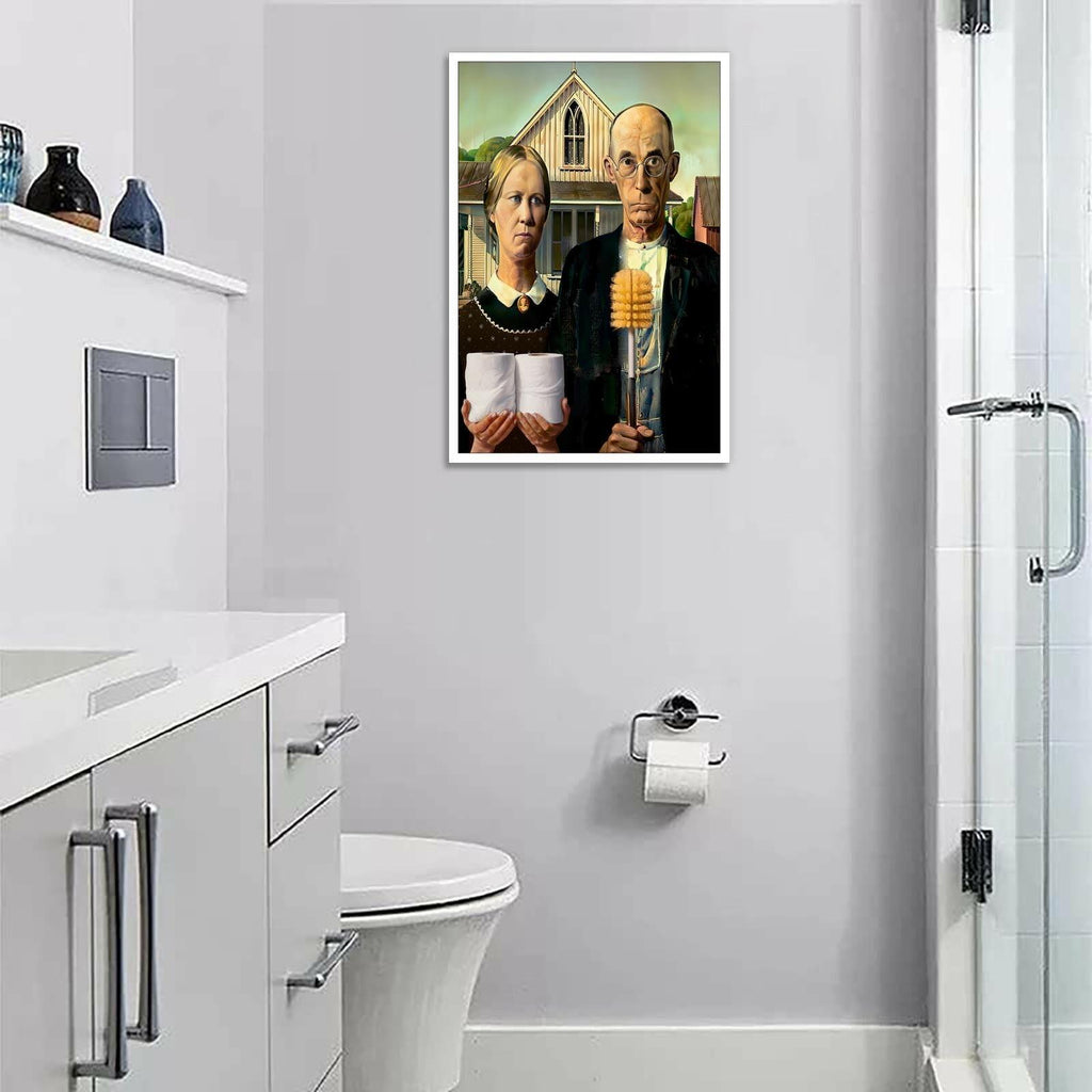 Funny Bathroom Canvas Wall Art Vintage American Gothic Toilet Poster World