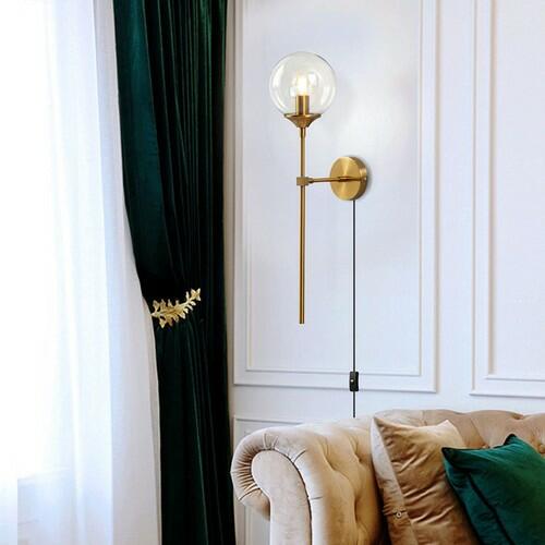 BOKT Gold Globe Wall Sconce Plug In Brass Glass Mid Century Light Clear