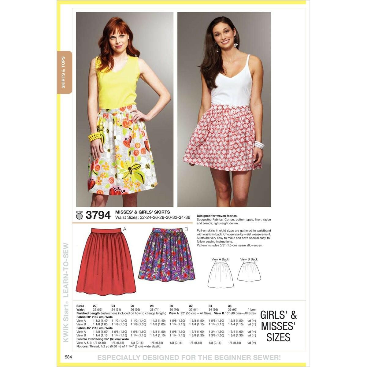 KWIK-SEW PATTERNS K3794OSZ Misses and Girlsskirts Sewing Pattern, Size Waist:
