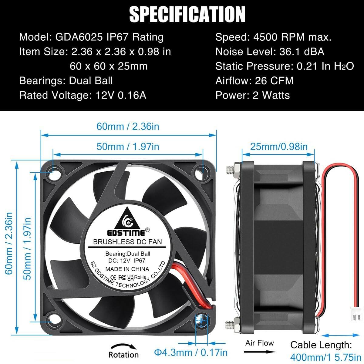 GDSTIME 60mm x 25mm 12V DC Waterproof IP67 Fan High Speed Dual Ball Bearing