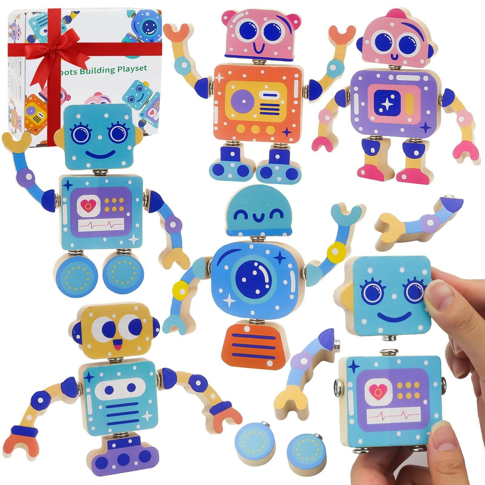Robots Wooden Snap-Together Building Toys – 28-Piece STEM Montessori Educational