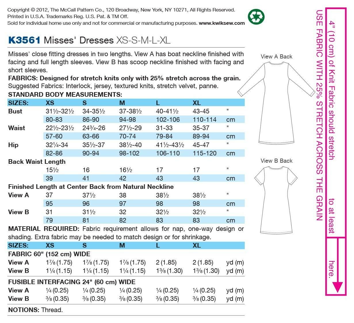 Kwik Sew K3561 Dresses Sewing Pattern, Size XS-S-M-L-XL