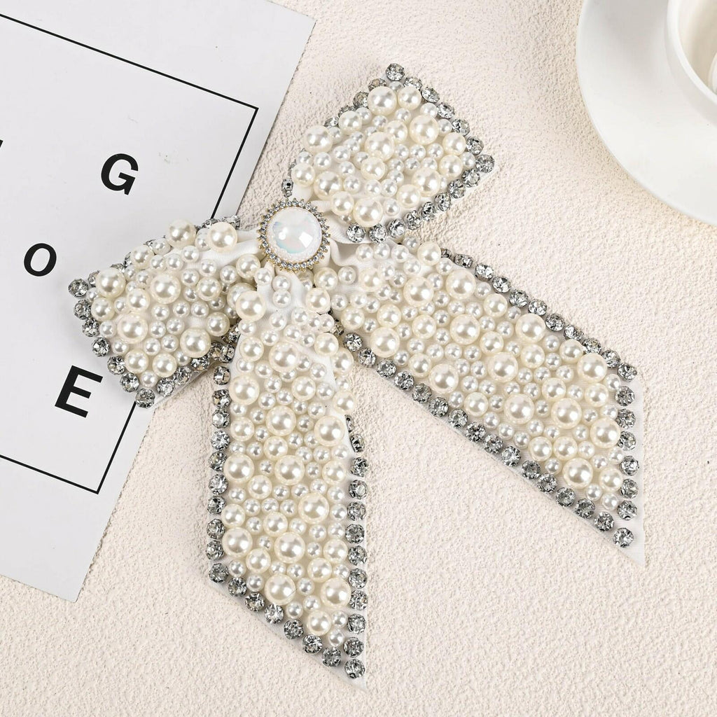 Large Pearl Rhinestone Hair Bow Clips- Full Sparkling Pearls with Crystal Stone