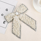 Large Pearl Rhinestone Hair Bow Clips- Full Sparkling Pearls with Crystal Stone