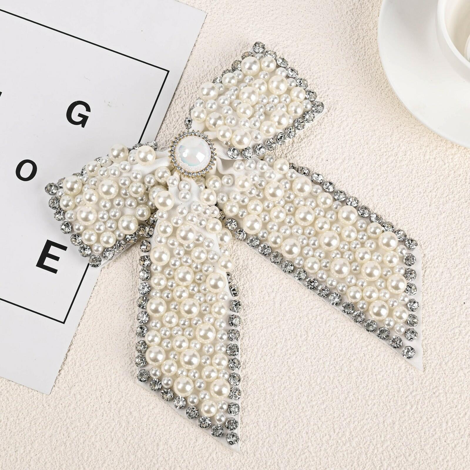 Large Pearl Rhinestone Hair Bow Clips- Full Sparkling Pearls with Crystal Stone